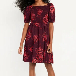 Smocked Puff Sleeved Burgundy Floral Dress, Girls Medium 8